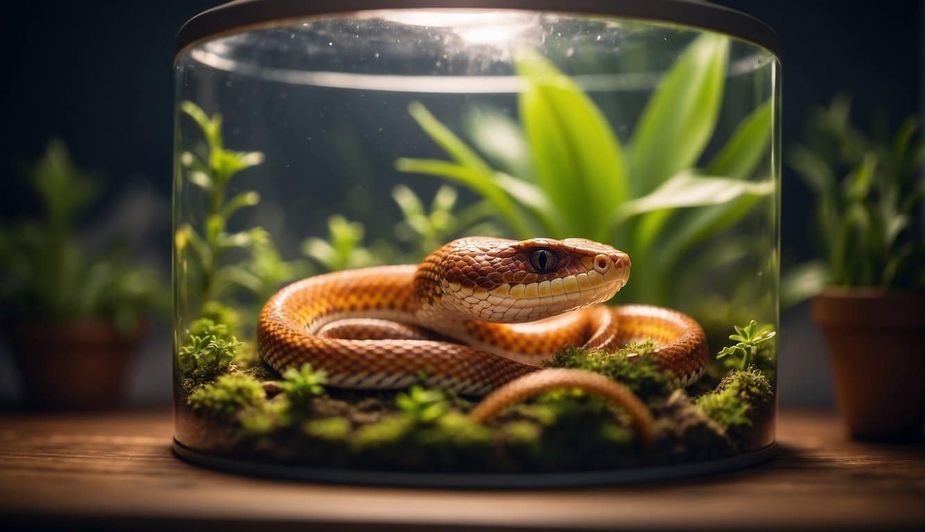 A corn snake slithers in a cozy terrarium, basking under a heat lamp. The tank is adorned with naturalistic decor and a water dish
