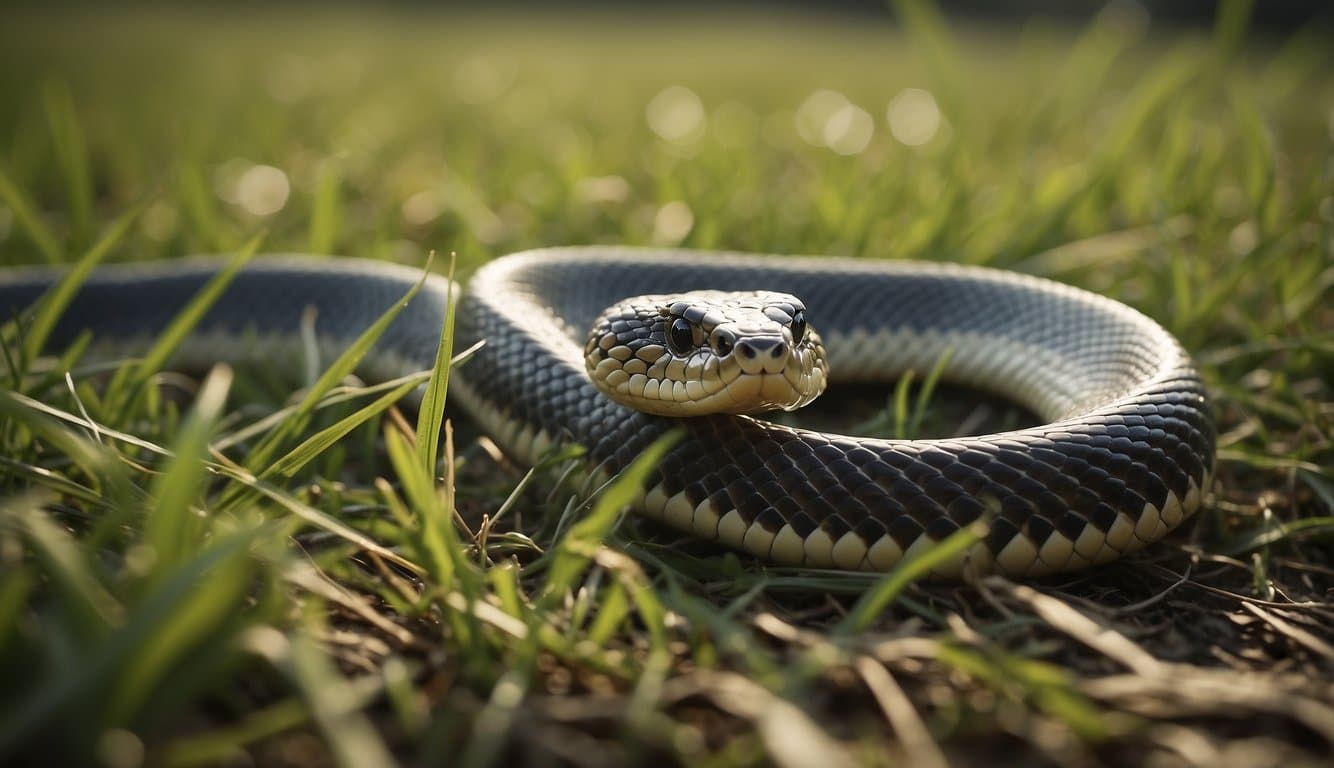 A snake slithers through a grassy field, its menacing presence a reminder of the dangers of accidents and the need for caution