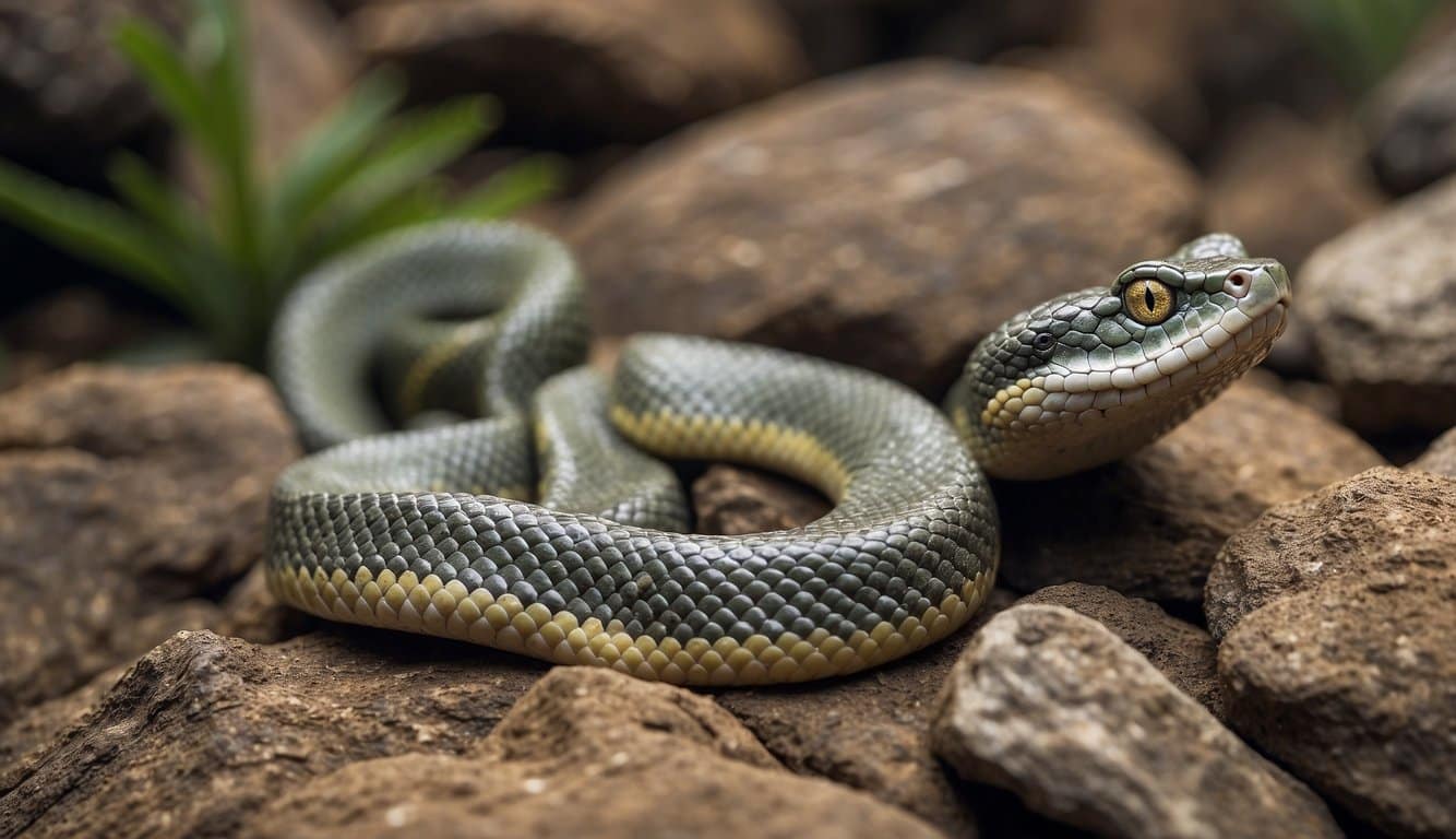 A young Brazilian pit viper slithers through rocky terrain, with a first aid kit nearby