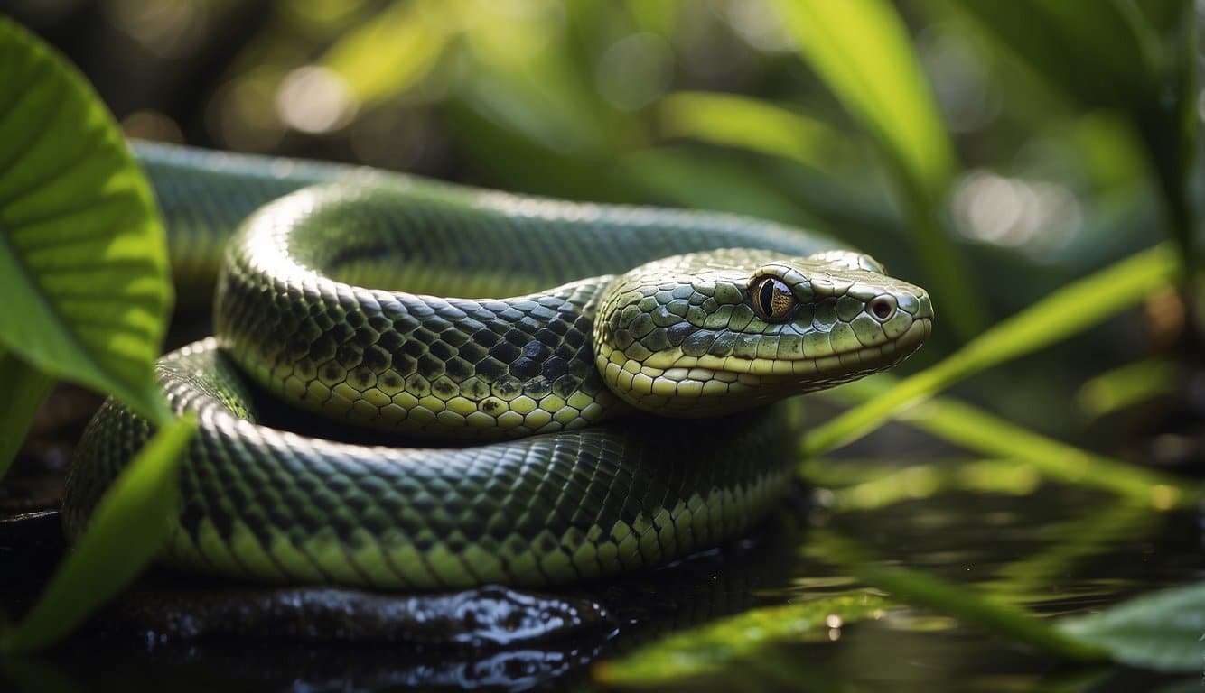 A green water snake slithers through a lush, tropical wetland, its scales glistening in the sunlight. The snake moves gracefully, blending in with the vibrant foliage as it hunts for its next meal