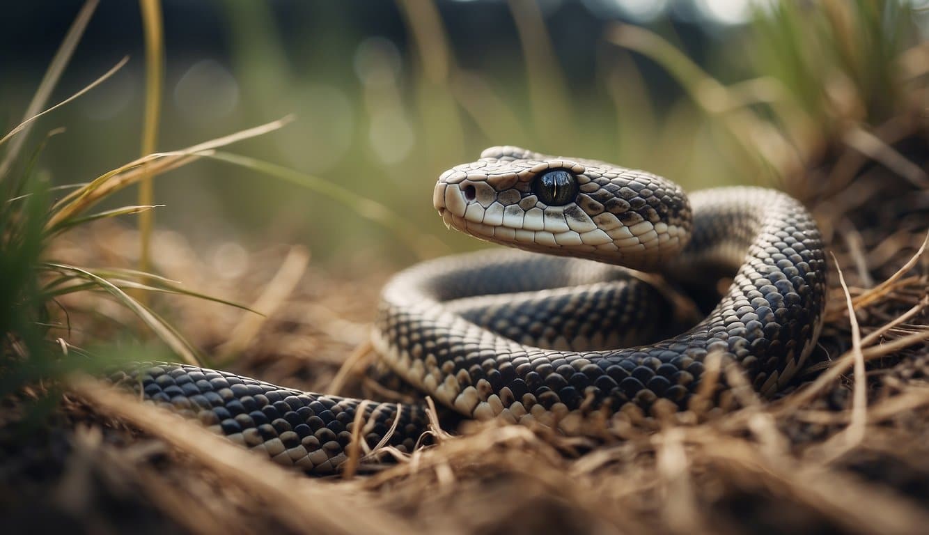 A snake slithers through dry grass in its underground burrow