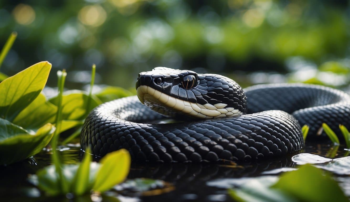 A black water snake slithers through a lush, tropical wetland habitat, surrounded by tall grasses and lily pads
