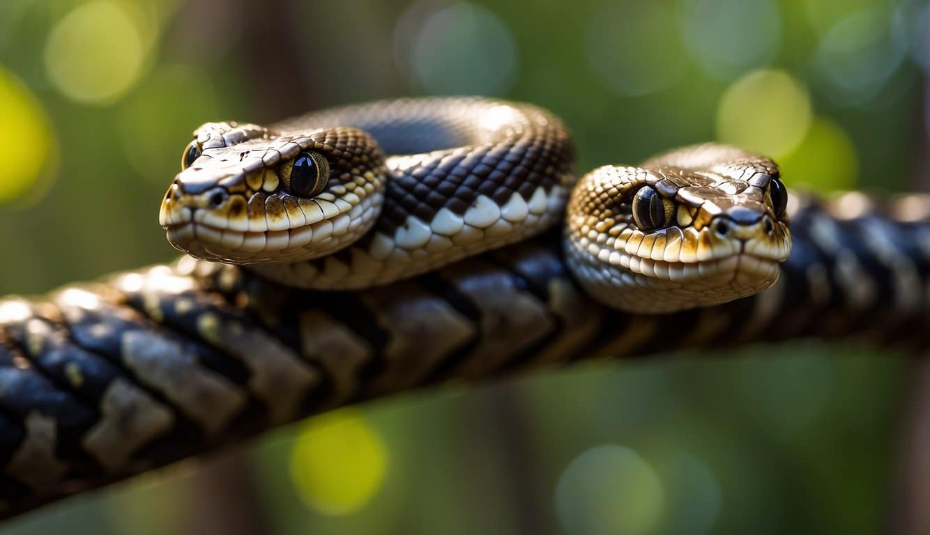 Two-headed snake coiled around a tree branch, scales glistening in the sunlight