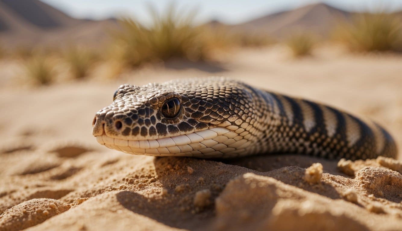 A sand boa slithers through desert dunes, blending into the sandy terrain. It burrows under the surface to escape the scorching sun