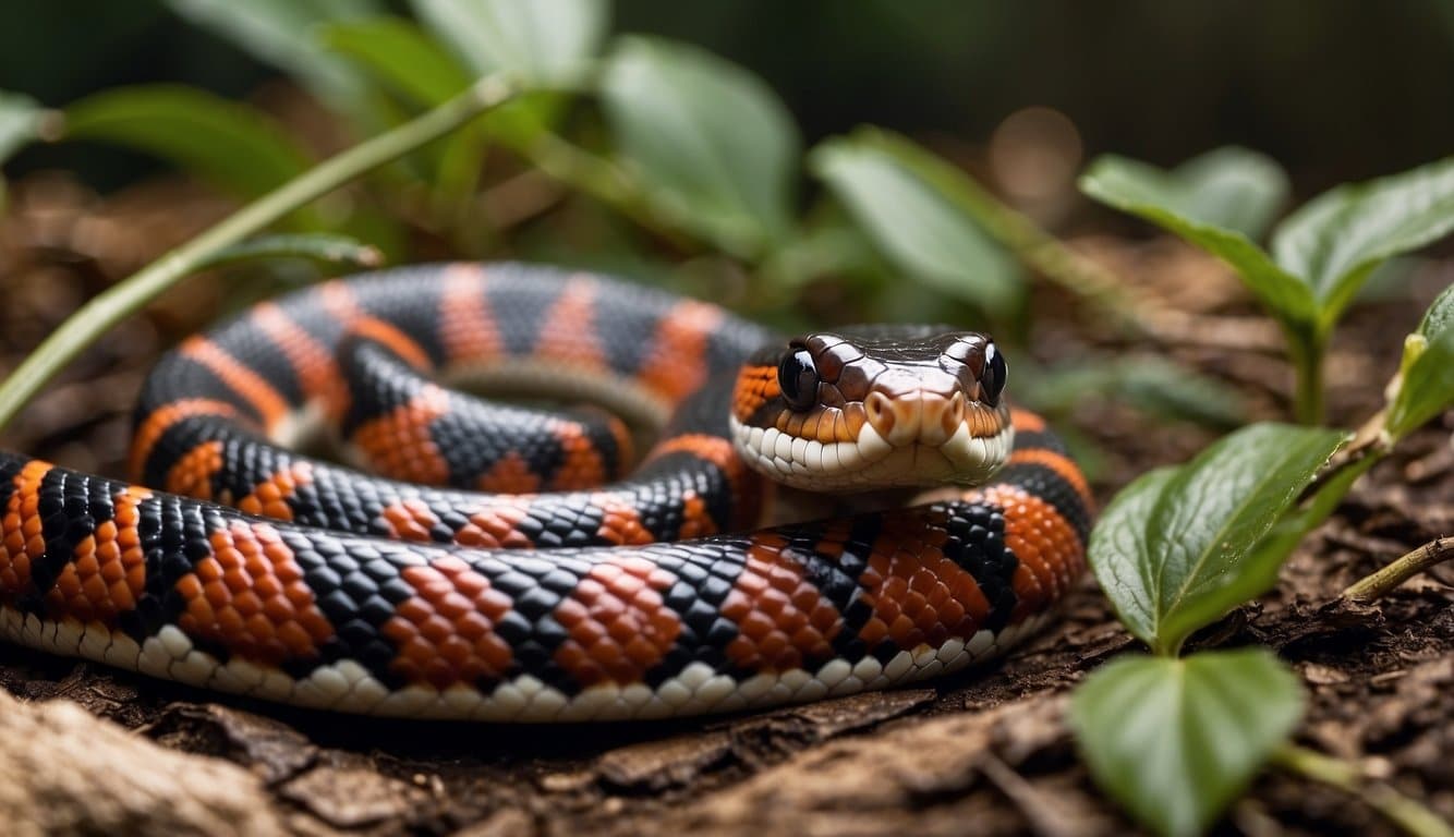A venomous milk snake slithers through its natural habitat, exhibiting its behavior