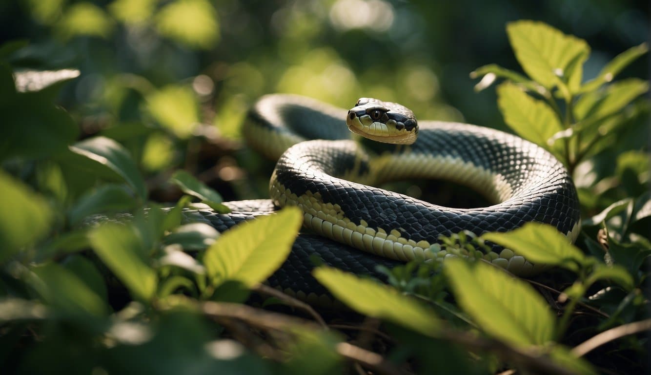 A snake slithers through dense foliage in its natural habitat. The vibrant green leaves and dappled sunlight create a lush and serene environment for the snake to navigate