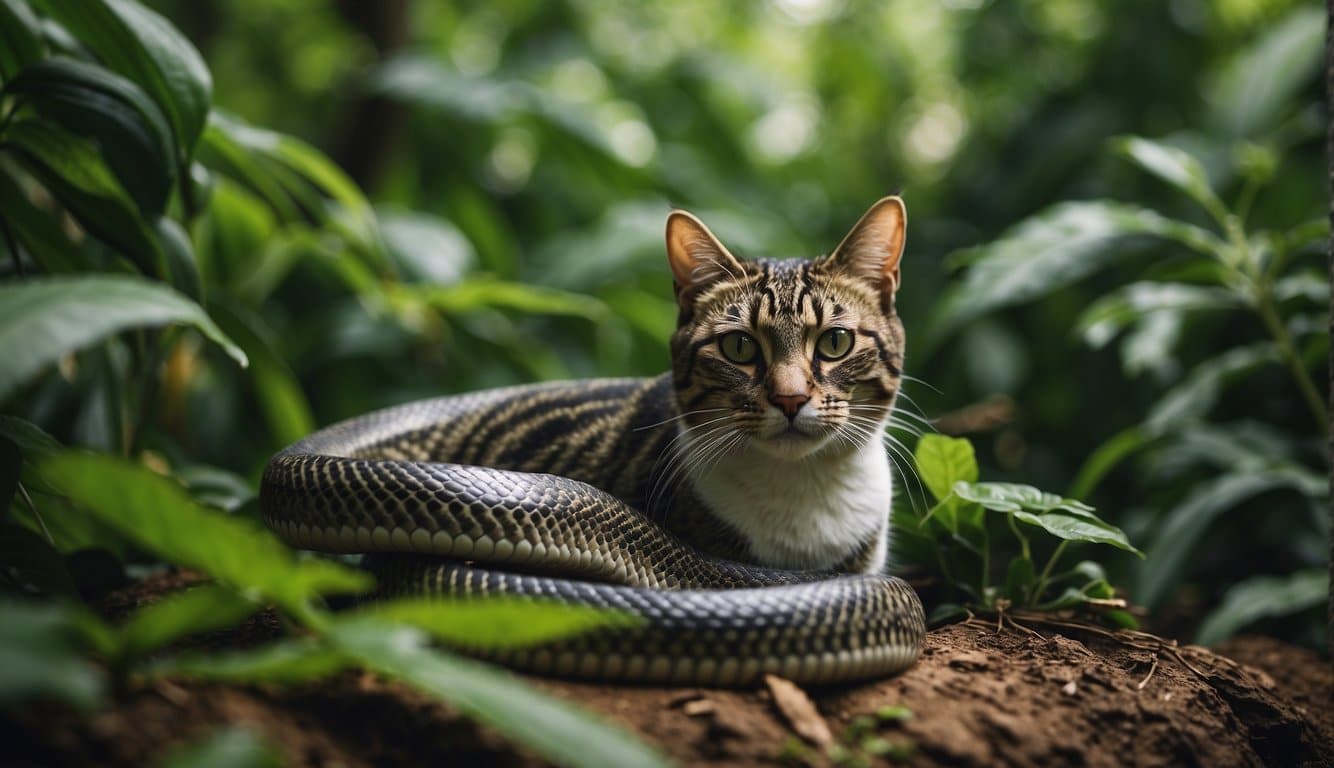 Cobra E Gato: Entenda A Relação Entre Esses Animais 3 A snake and a cat coexisting peacefully in a lush, green jungle setting. The snake is slithering through the foliage while the cat watches from a safe distance, both animals appearing calm and unthreatened