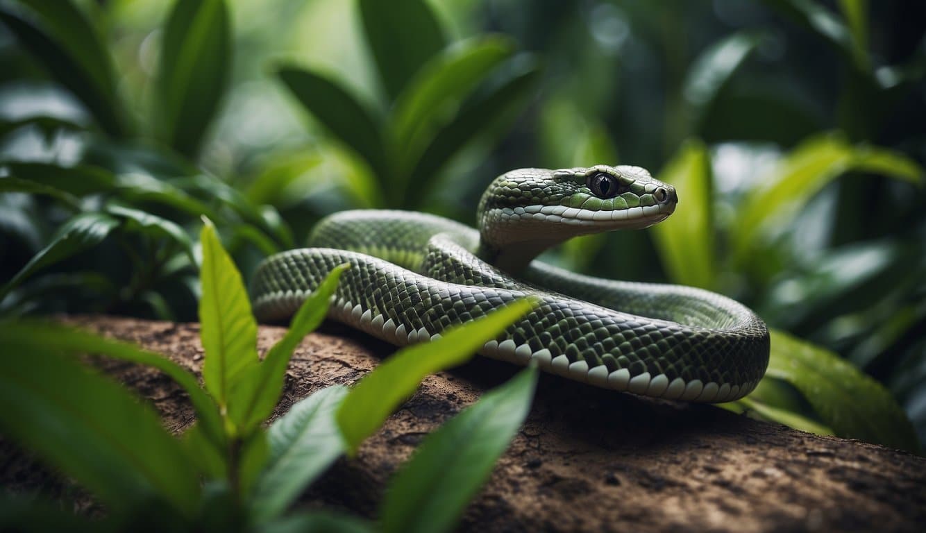 Cobra E Lagarto: Conheça As Espécies Mais Comuns No Brasil 3 A snake and lizard coexist in a lush, tropical habitat, surrounded by vibrant foliage and diverse plant life