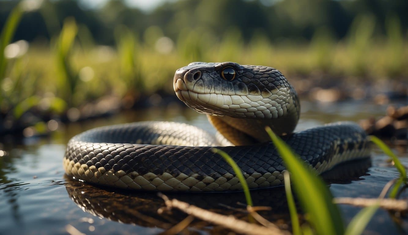 A snake slithers through a wetland, seeking prey
