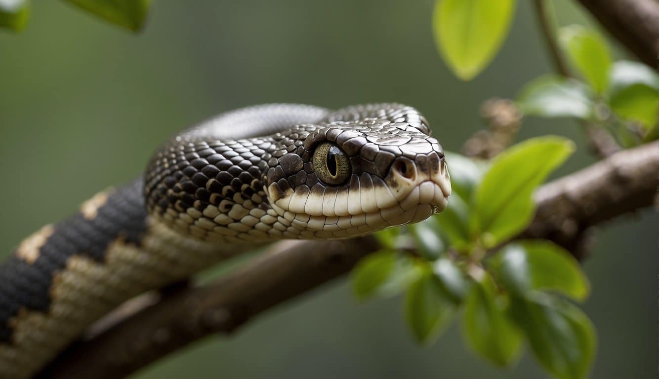 A snake's anatomy and physiology, showing its sleek body and unique scales, coiled around a tree branch in a natural setting