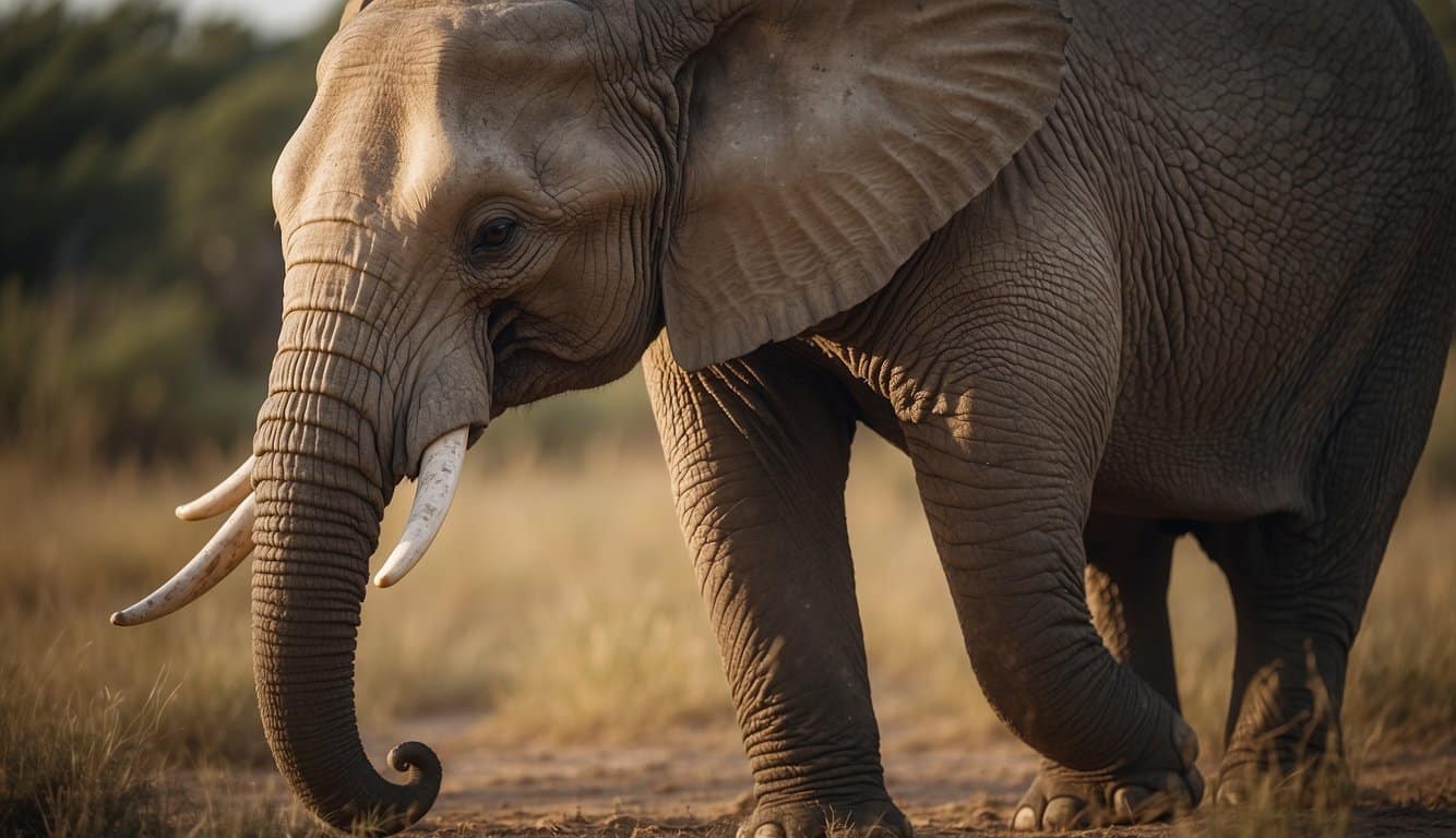 An elephant gracefully coils its trunk around a snake, while the snake slithers around the elephant's massive legs, showcasing their unique diet and behavior