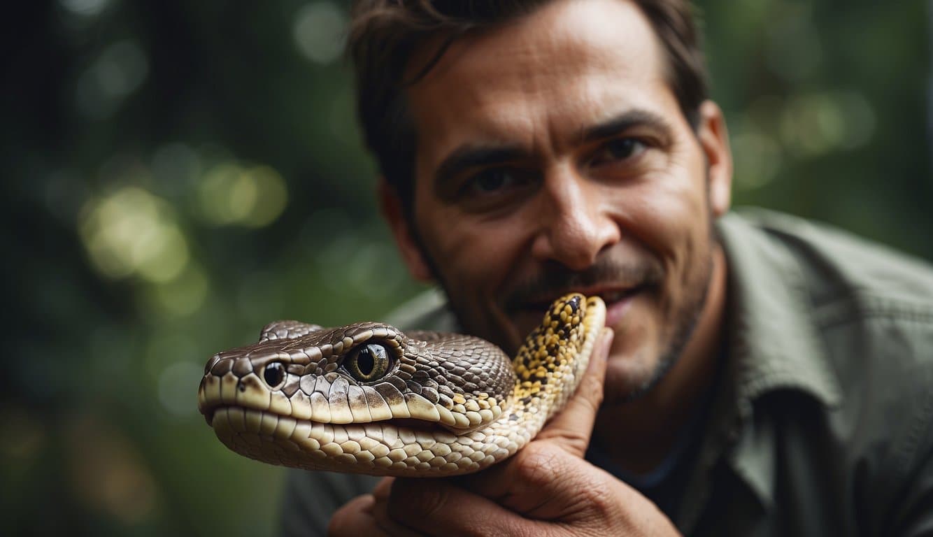 A snake swallowing a man, emphasizing species conservation