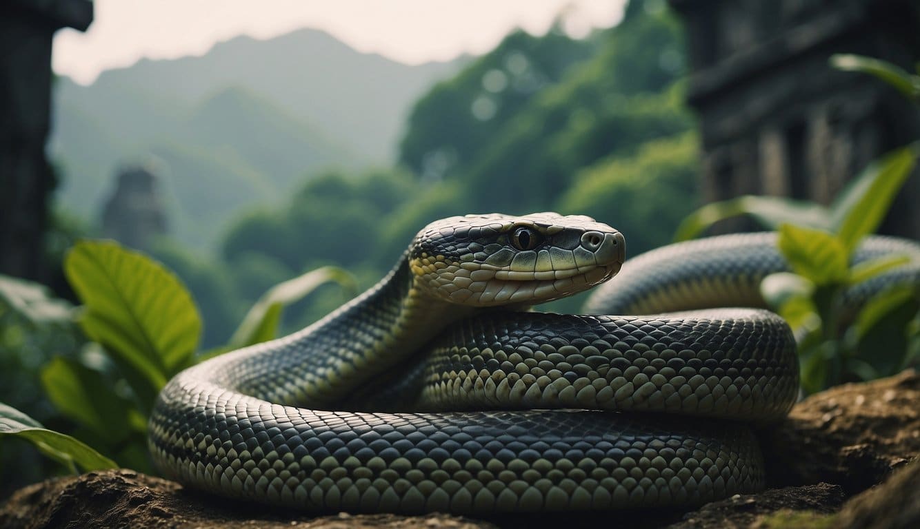 A massive snake coils around ancient ruins, looming over dense jungle