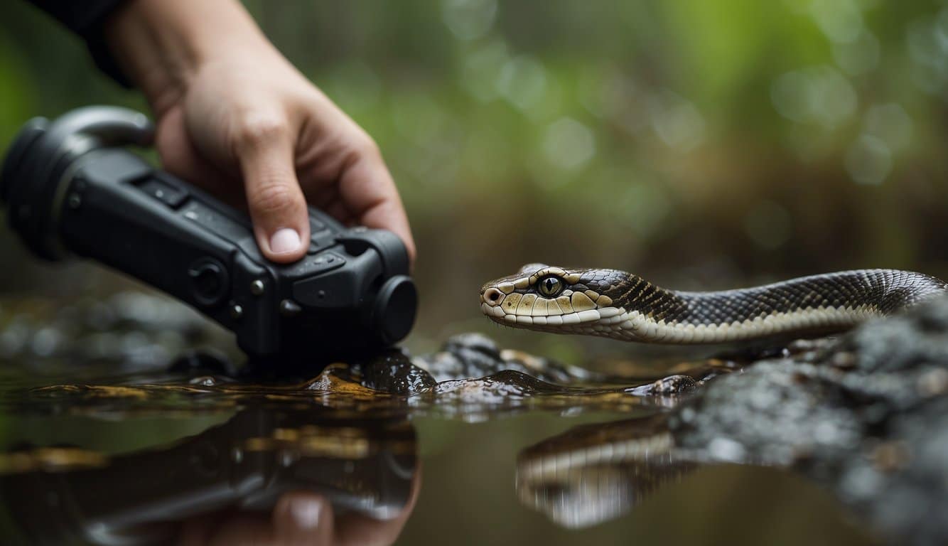 A person captures a jararaca snake in a swamp, showing conservation and human interest