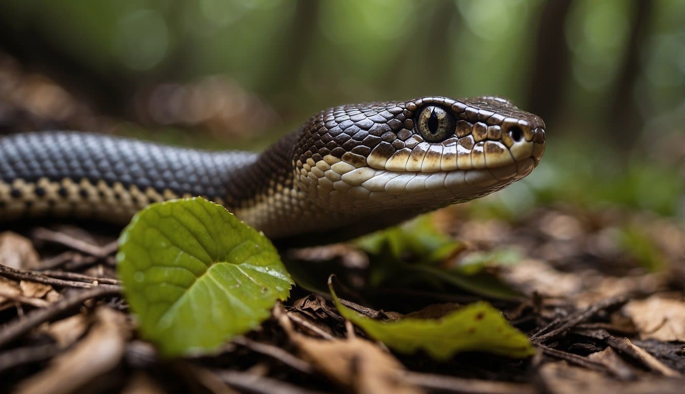 A small jararaca snake slithers through the forest, hunting for prey and blending in with the leaf litter on the ground
