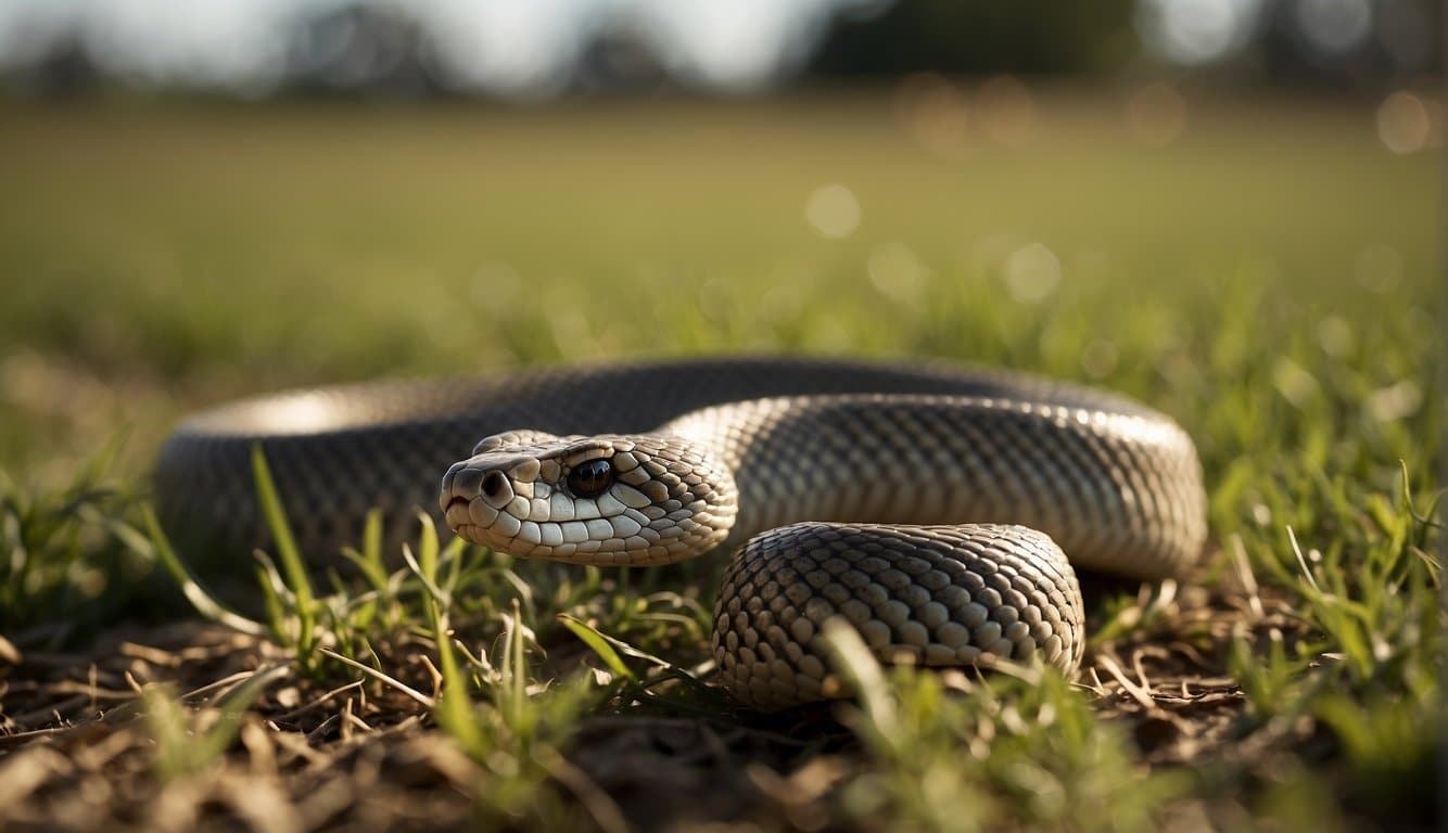 A striped cobra slithers through a grassy field, its scales glistening in the sunlight
