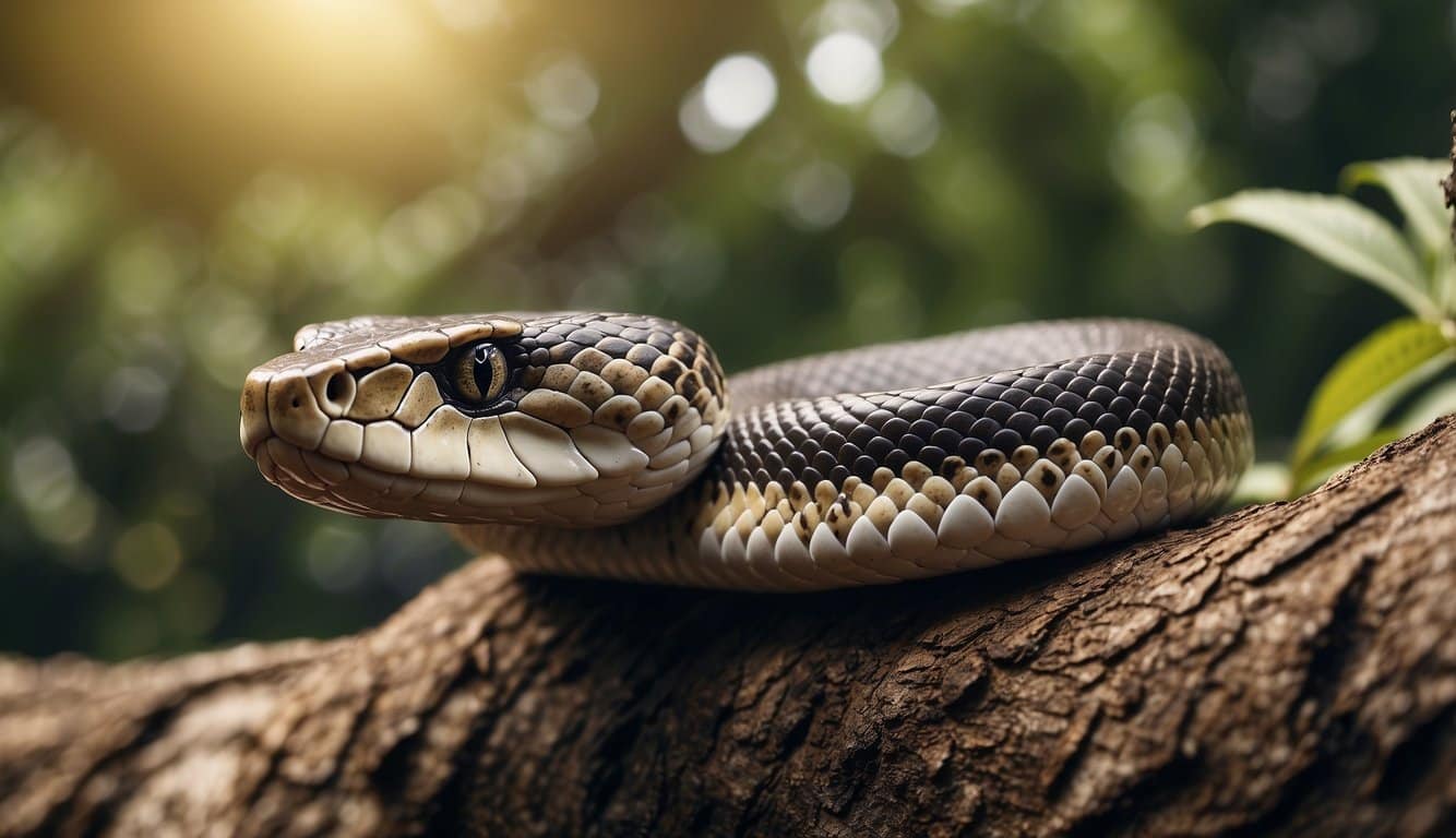 A large snake coils around a tree, its jaws open wide, ready to strike at its prey. Its scales glisten in the sunlight as it prepares to hunt