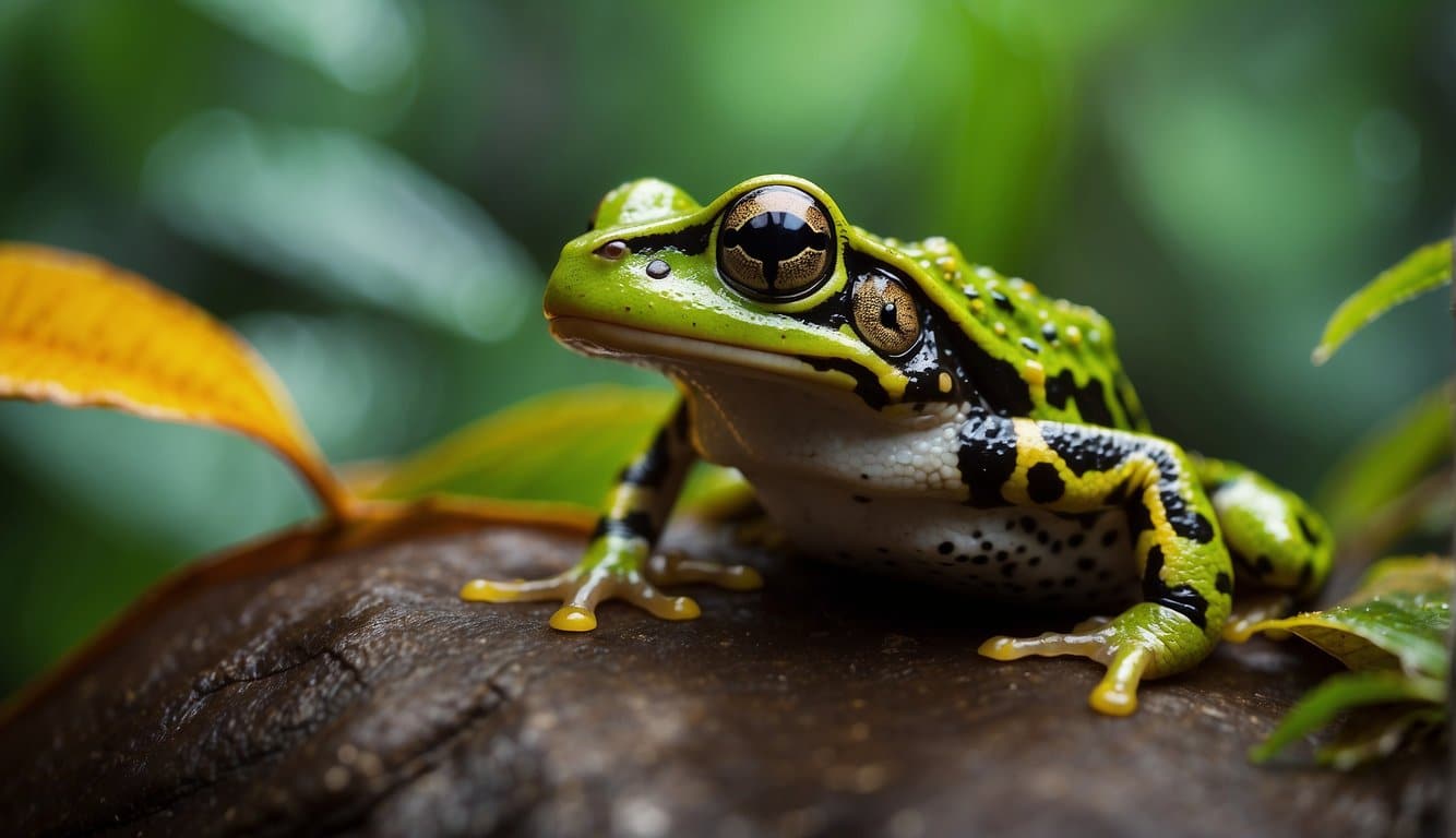 A poisonous frog sits on a leaf in a rainforest. Its vibrant colors and warning markings signify its toxic nature