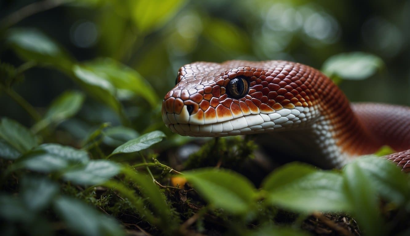 A red muçurana snake slithers through a lush, tropical forest, hunting for prey among the vibrant foliage and tangled underbrush