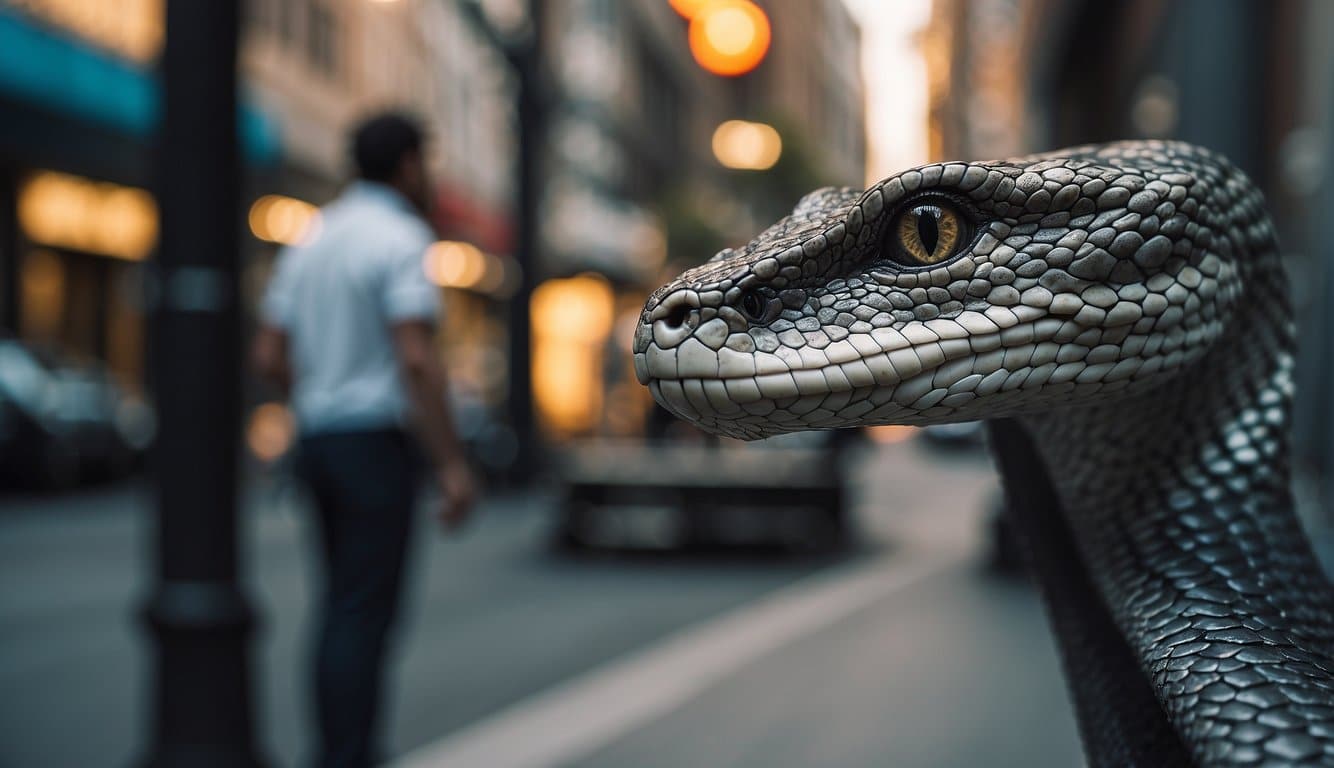 A person interacts with cobras in the city, surrounded by buildings and urban scenery