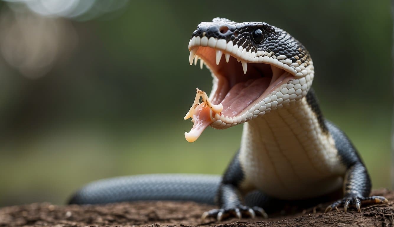 A spitting cobra, hood flared, poised to strike with its mouth open and fangs exposed