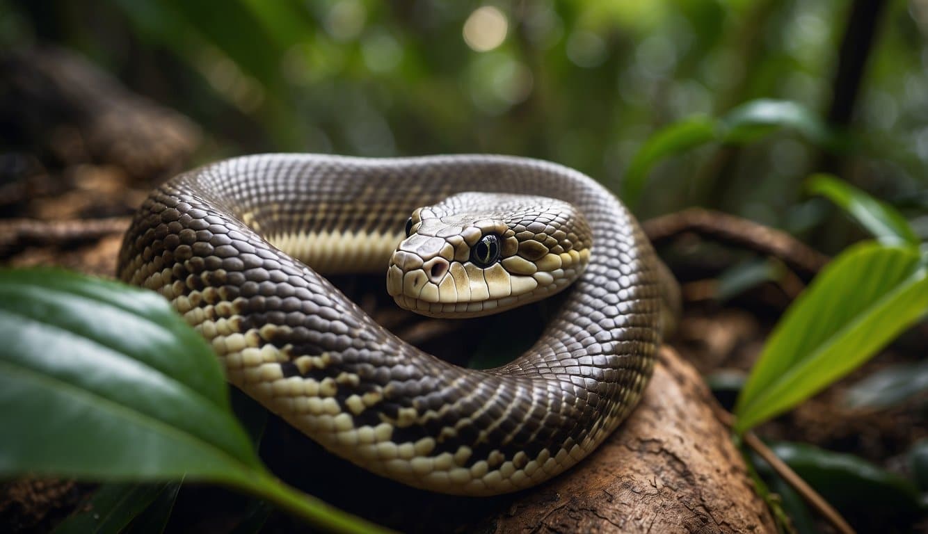 A naja snake is coiled in the Brazilian jungle, surrounded by vibrant flora and fauna