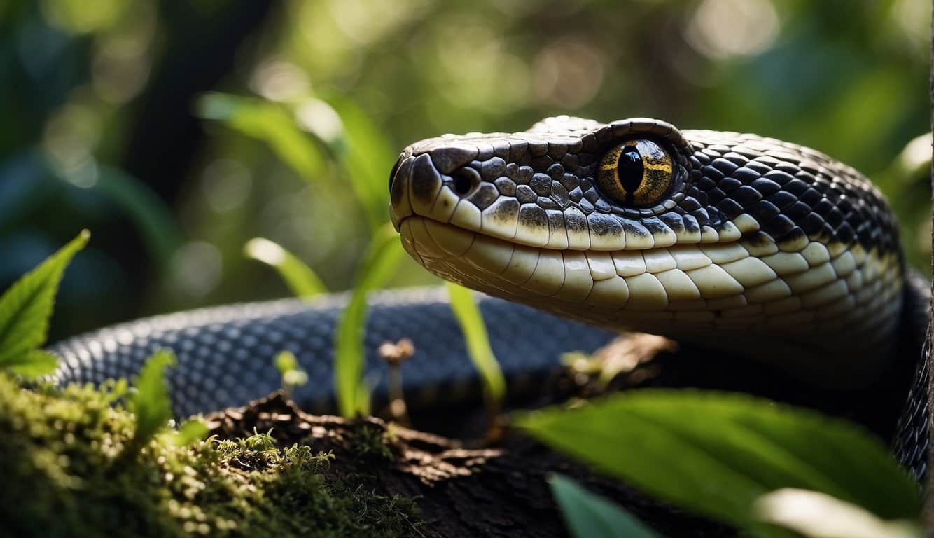 A snake slithers through a dense jungle, its scales shimmering in the dappled sunlight. It winds its way around ancient trees, its sinuous form representing the mystical and enigmatic nature of the Amazon