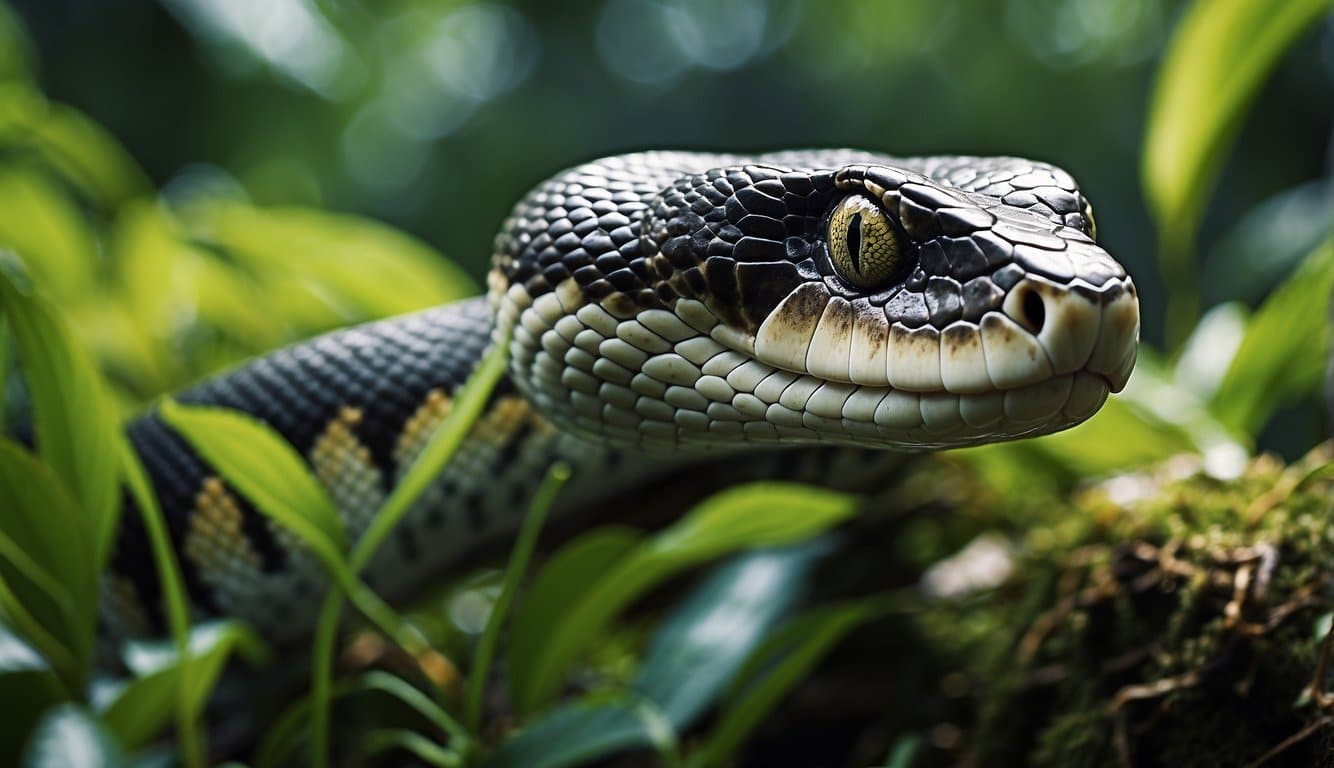 A snake slithers through a lush jungle, its scales glistening in the sunlight as it navigates through the dense foliage and vibrant flora