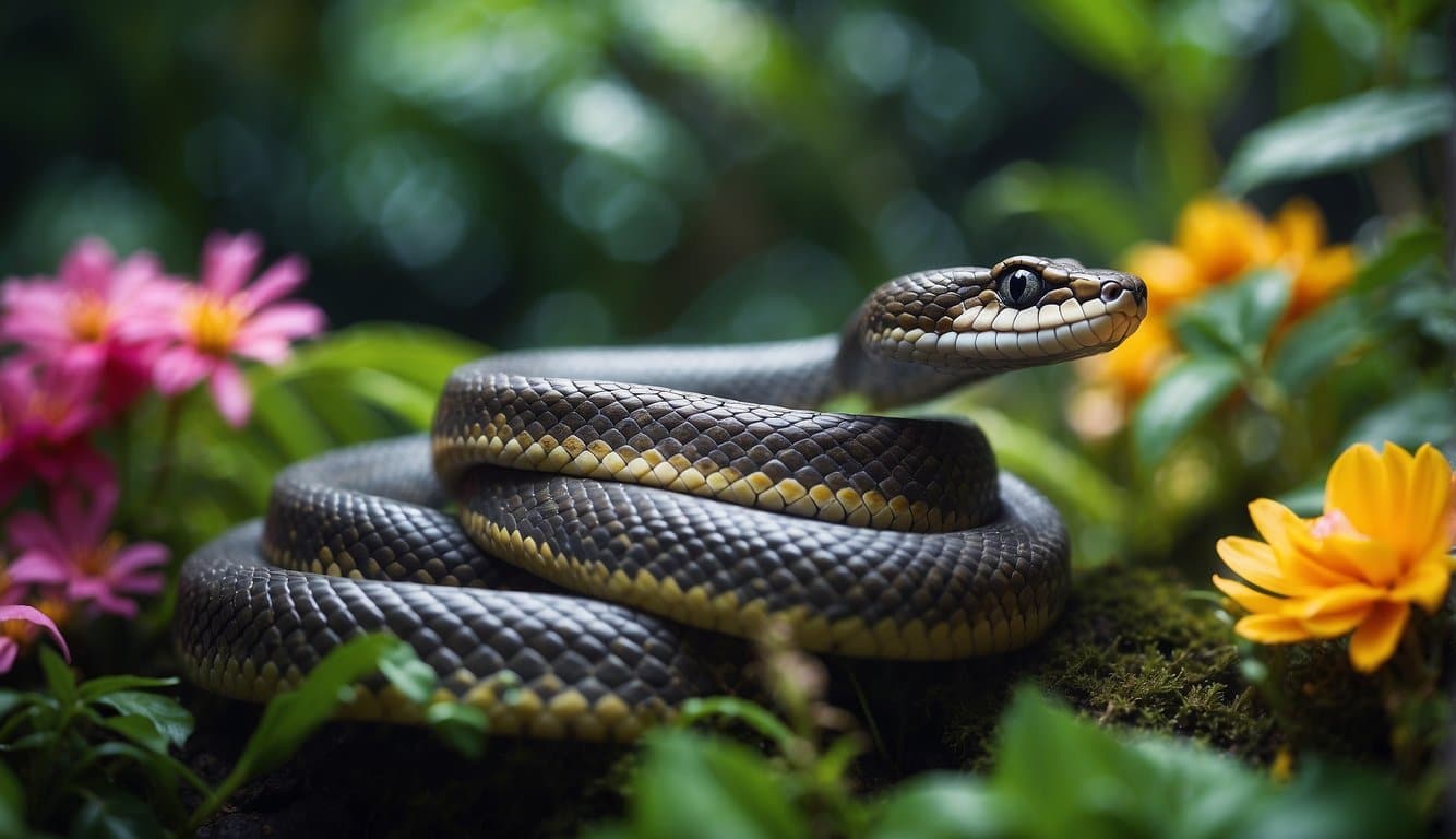 A colorful snake slithers through a jungle, surrounded by vibrant foliage and exotic flowers, ready to be painted