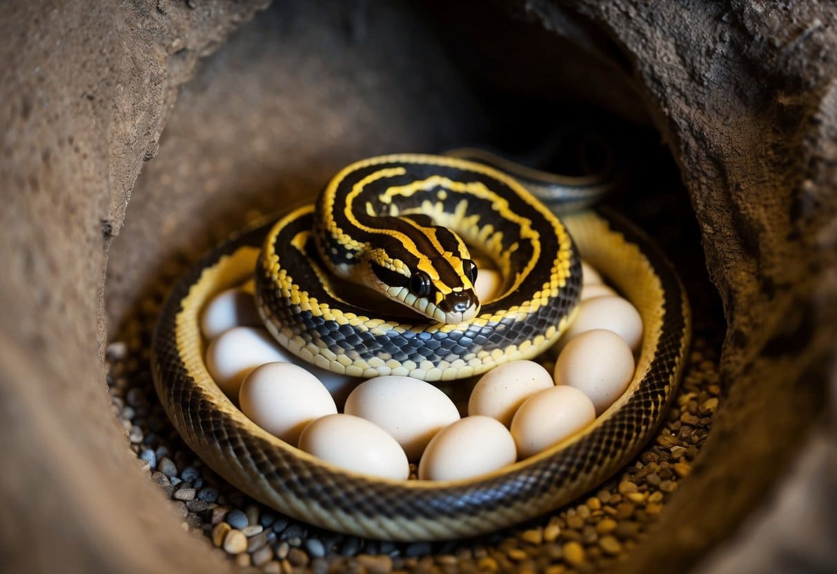 Uma cobra se enrolou em um ninho de ovos, aconchegada em um buraco quente e escuro. A mãe cobra vigia seus ovos, esperando que eles eclodam.