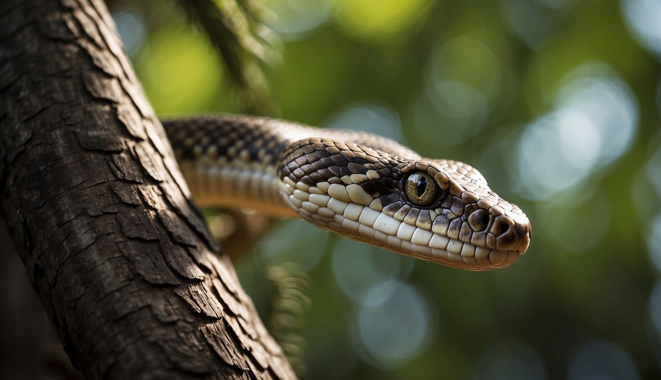 A sleek, sinuous snake coils around a tree branch, its scales shimmering in the sunlight. Its tongue flicks out, sensing the air, as it watches its surroundings with alert, unblinking eyes
