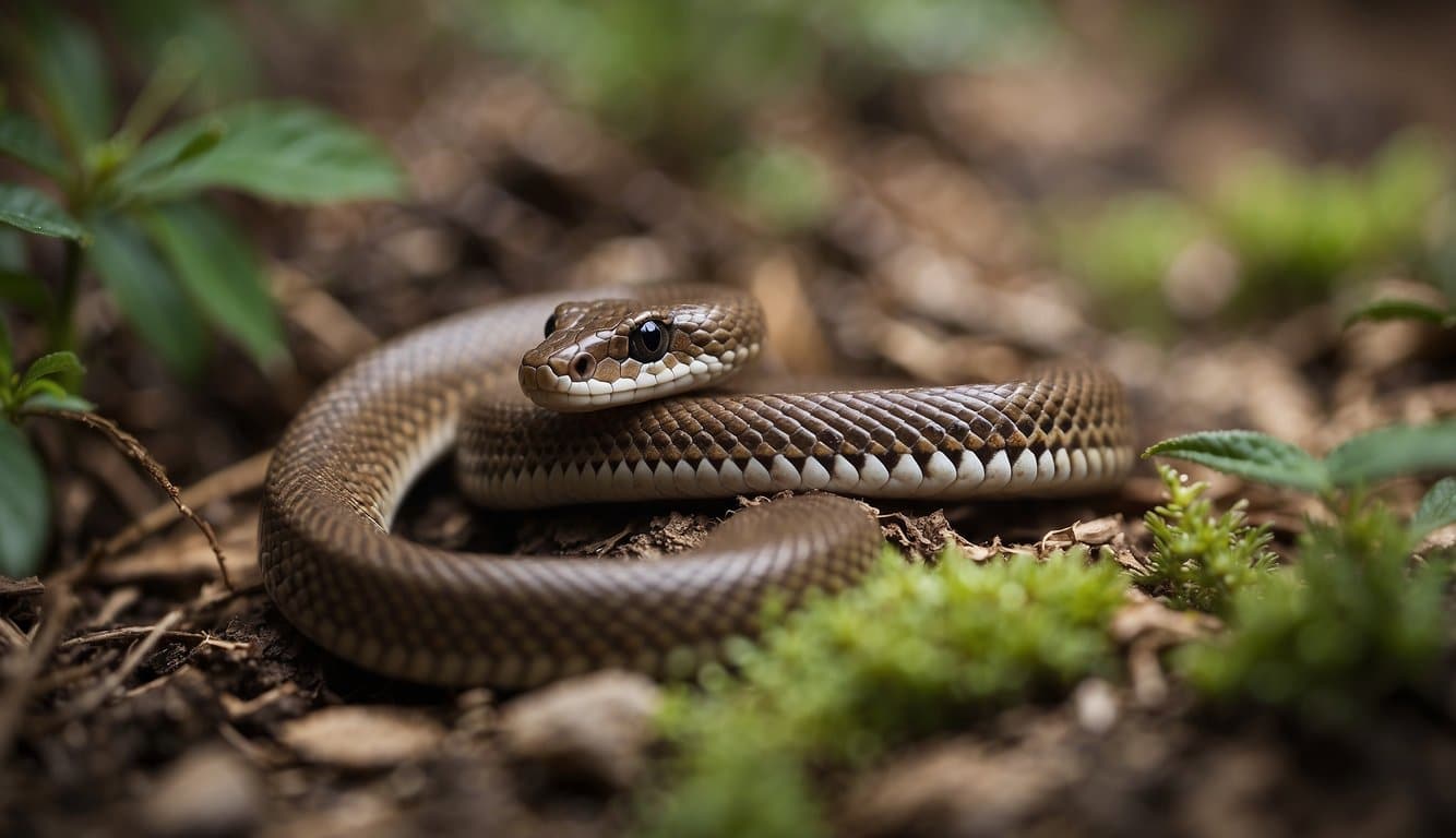 A small brown snake slithers through its habitat, seeking shelter and food