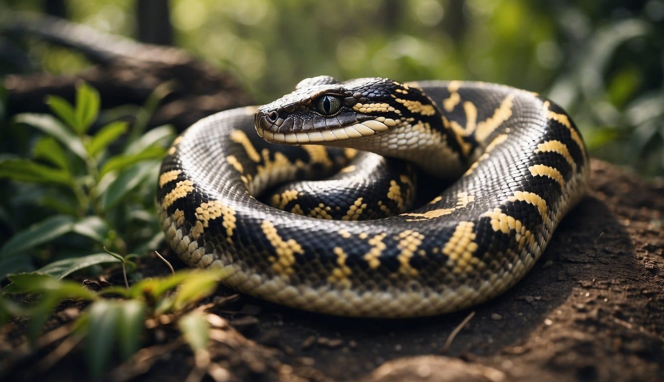 A giant python striking in an environmental setting