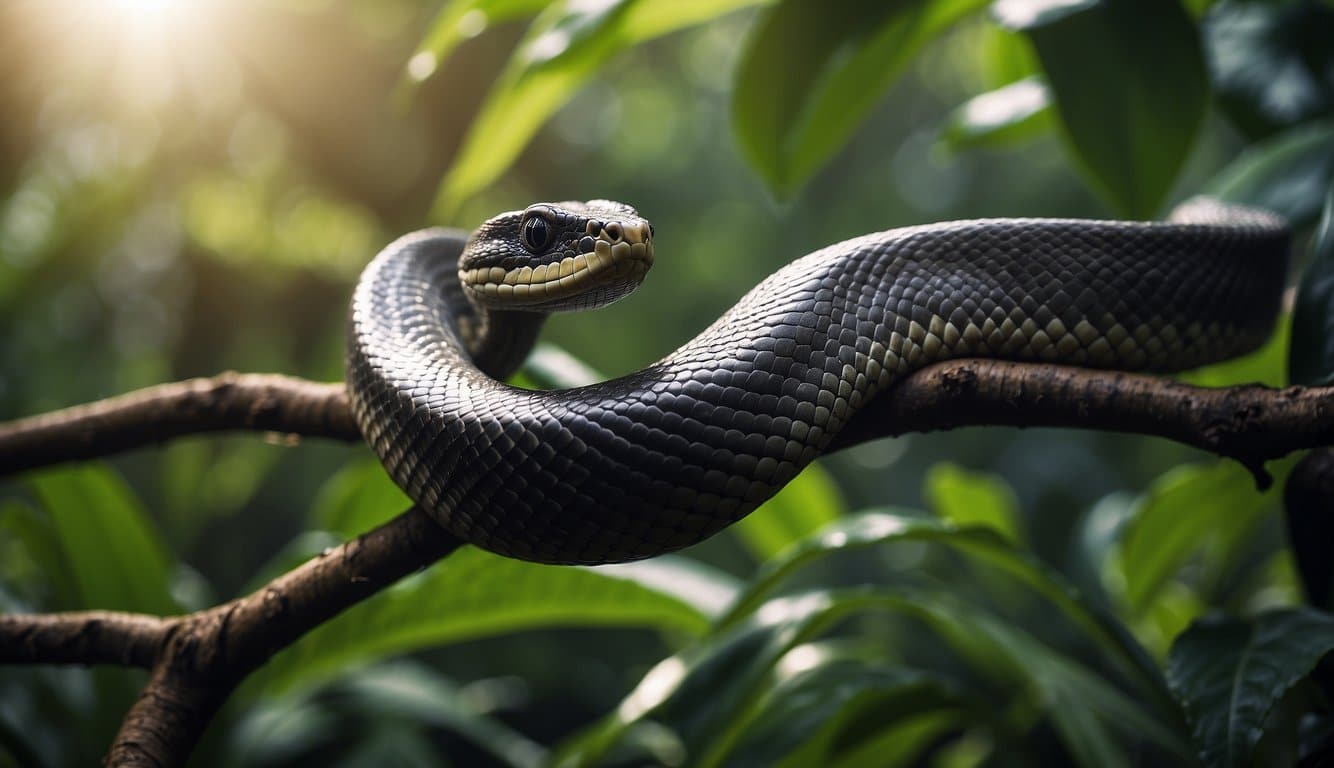 A black python coils around a tree branch in a lush jungle setting. Its sleek, shiny scales catch the sunlight as it rests in a relaxed pose