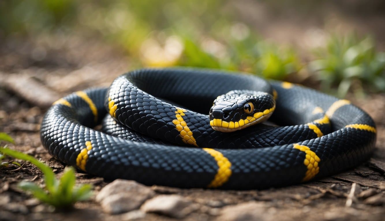 A black snake with a yellow stripe, coiled in a defensive position