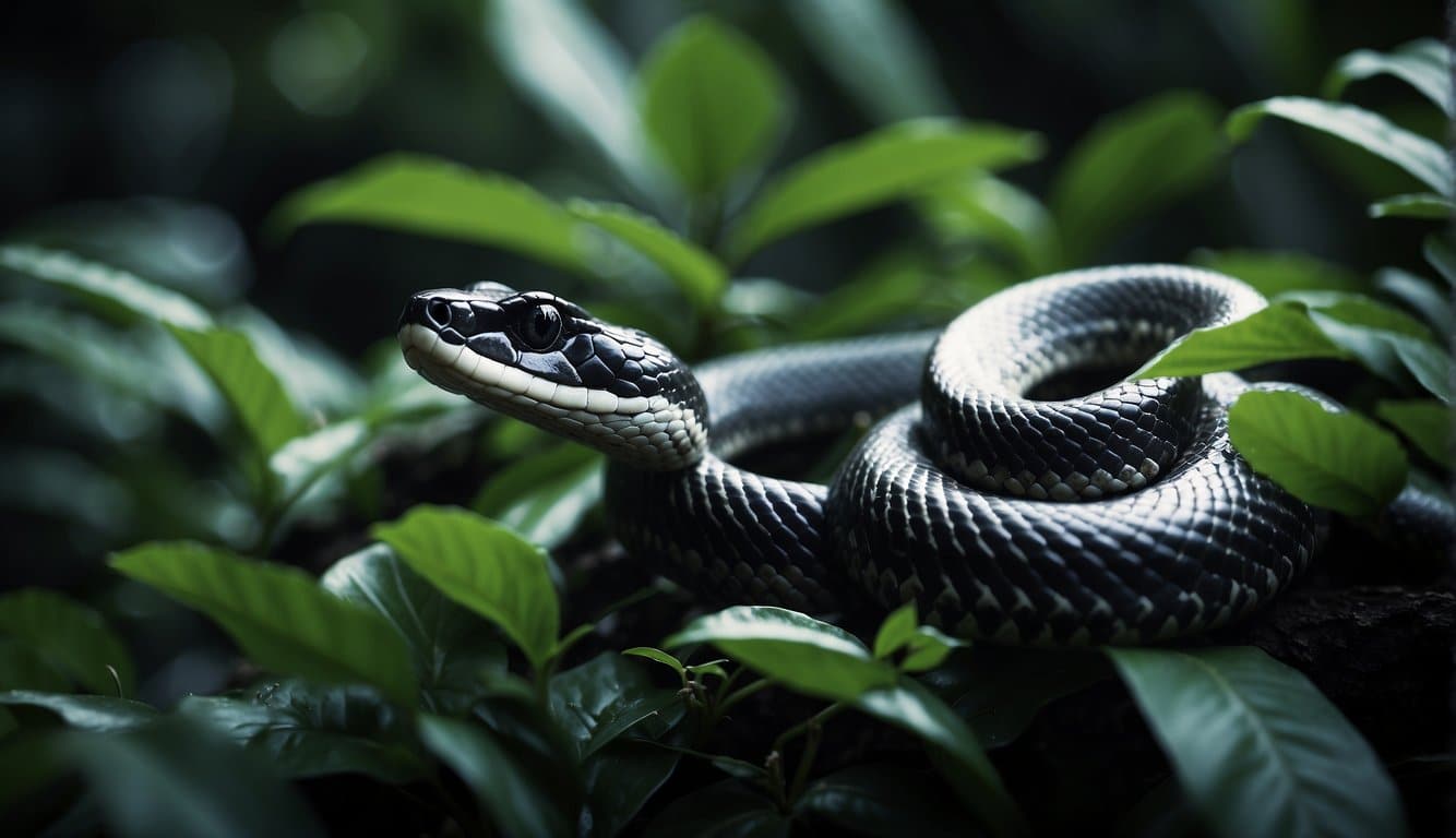 Cobra Preta E Cinza: Características E Curiosidades 3 A black and grey snake slithers through a lush jungle, blending into the shadows with its sleek scales. The vibrant green foliage provides the perfect camouflage for the elusive creature