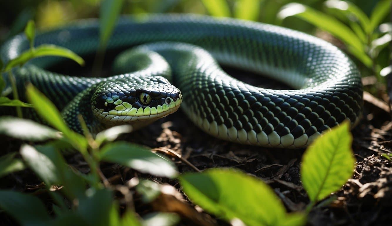 A black and green snake slithers through dense foliage, its scales shimmering in the dappled sunlight