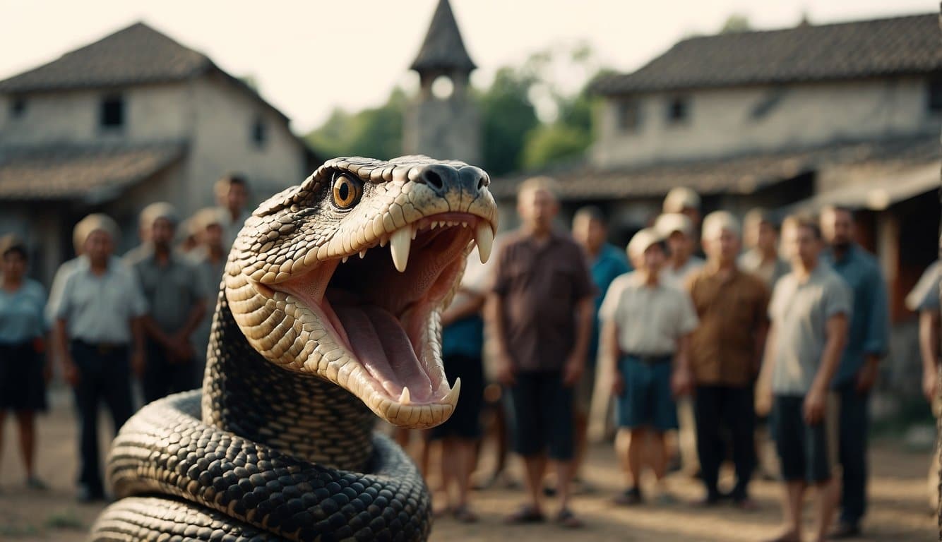 A giant cobra looms over a village, its mouth open wide as if ready to swallow an entire building. The people below look on in fear and awe, surrounded by symbols of cultural significance and ancient myths