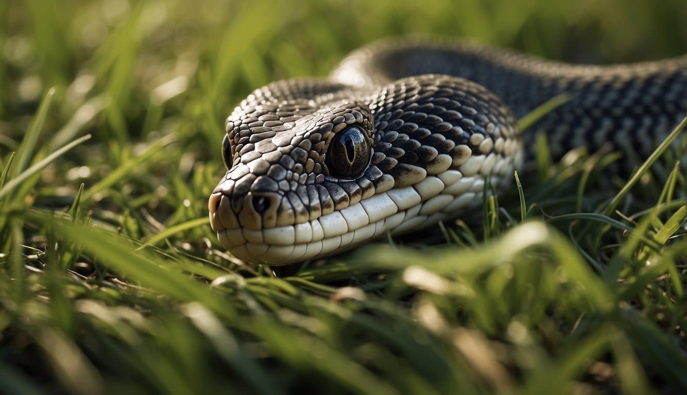 A snake-like creature slithers through the grass, blending in with its surroundings. Its behavior mimics that of a worm, moving in a sinuous and undulating manner