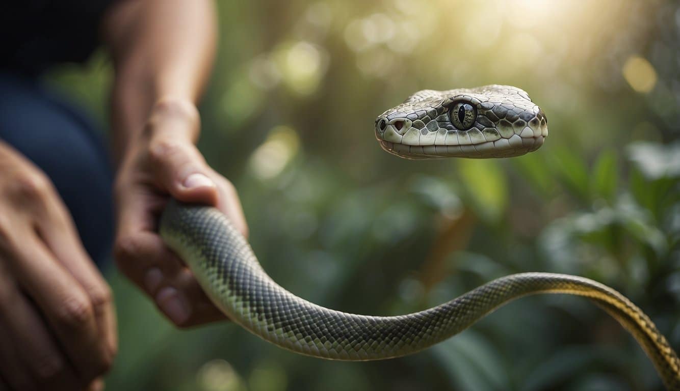 A flying snake interacts with humans in a conservation setting