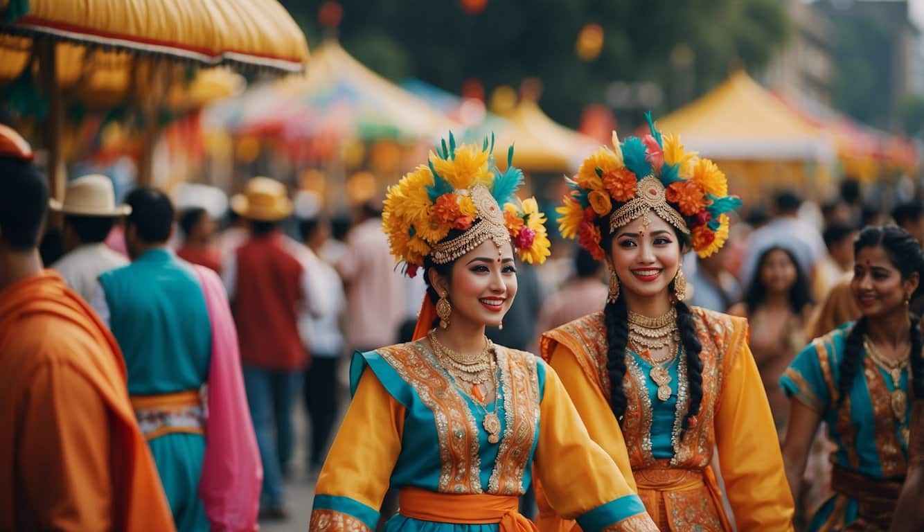 A vibrant festival with colorful costumes, traditional music, and lively dancing. Decorated floats and street vendors add to the festive atmosphere
