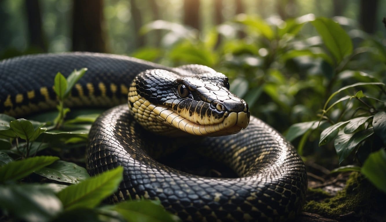 Cobra Sucuri Gigante: Conheça A Maior Cobra Do Mundo 3 A giant anaconda slithers through the dense Amazon rainforest, its massive body weaving through the lush vegetation as it hunts for prey