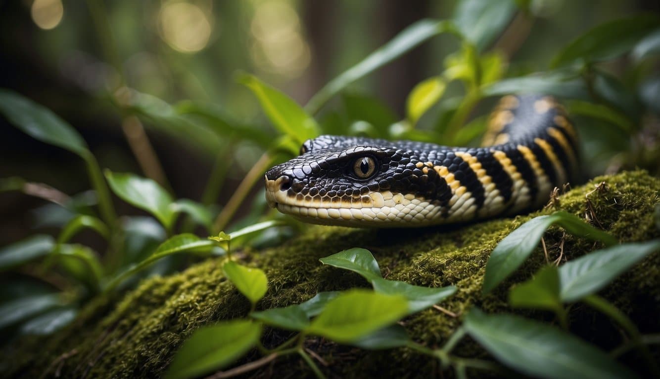 A tiger snake slithers through a dense forest, its vibrant stripes blending with the foliage