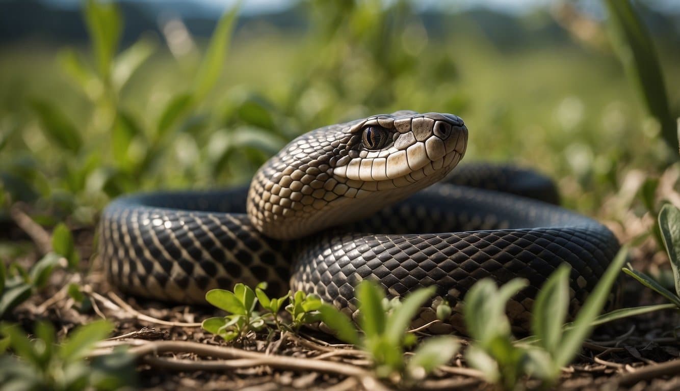 A large cobra slithers through tangled vegetation, entwined with a smaller snake, in a mating ritual
