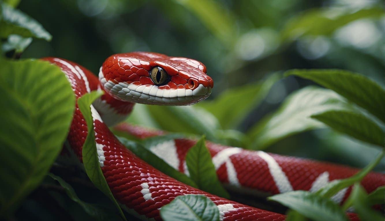 A red and white snake slithers through a lush jungle habitat
