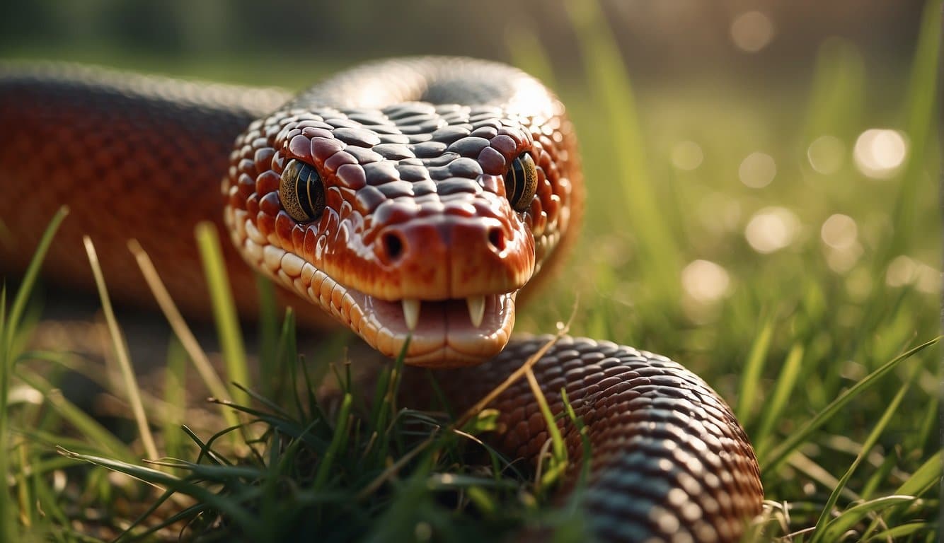 A red cobra slithers through a grassy field, its scales glistening in the sunlight as it flicks its tongue in and out, alert and ready to strike