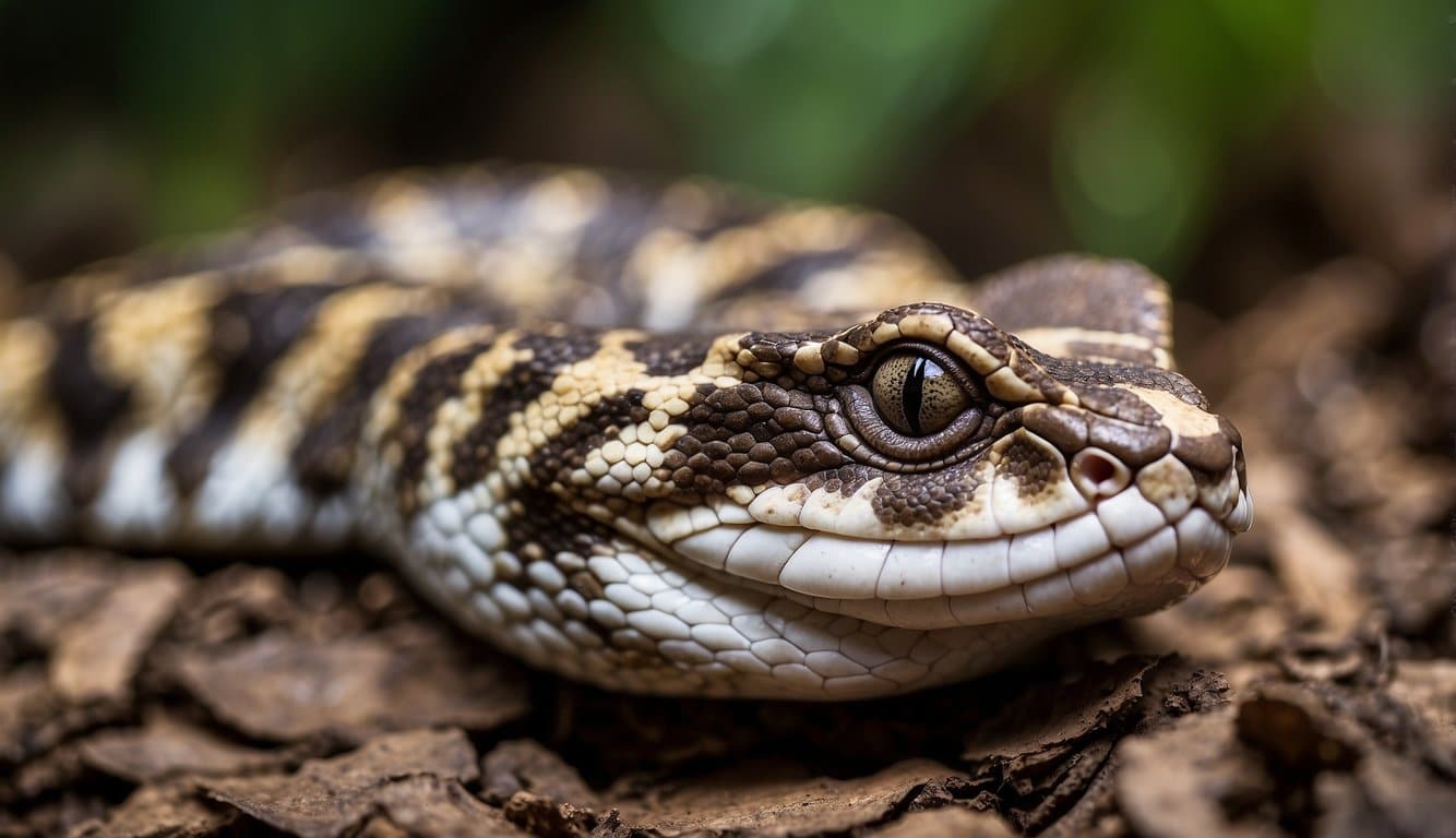 The Gaboon viper has a large, triangular head with distinct markings. It moves slowly, relying on camouflage to ambush prey