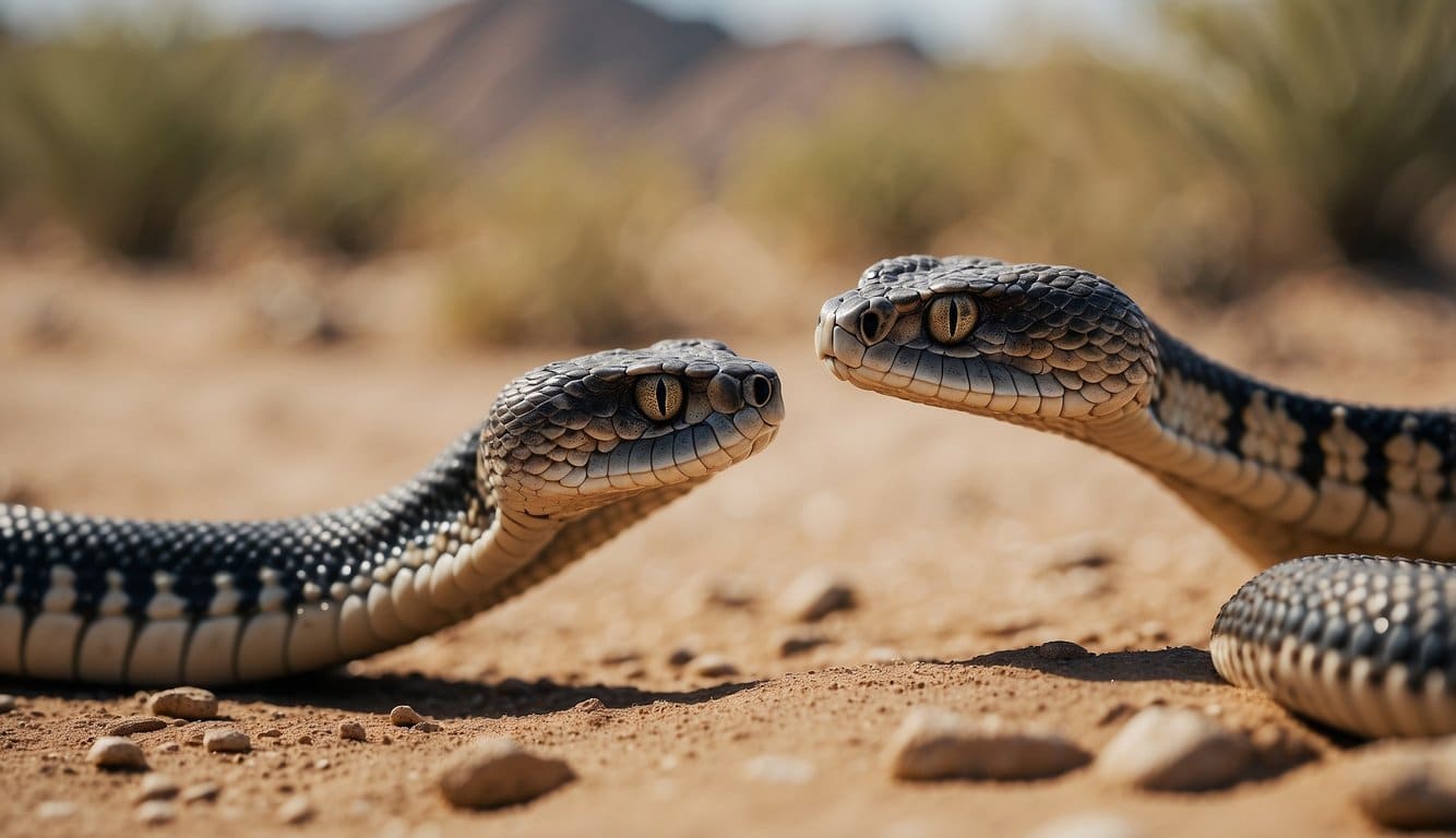 A cobra and scorpion face off, their bodies coiled and poised for attack in a desert landscape