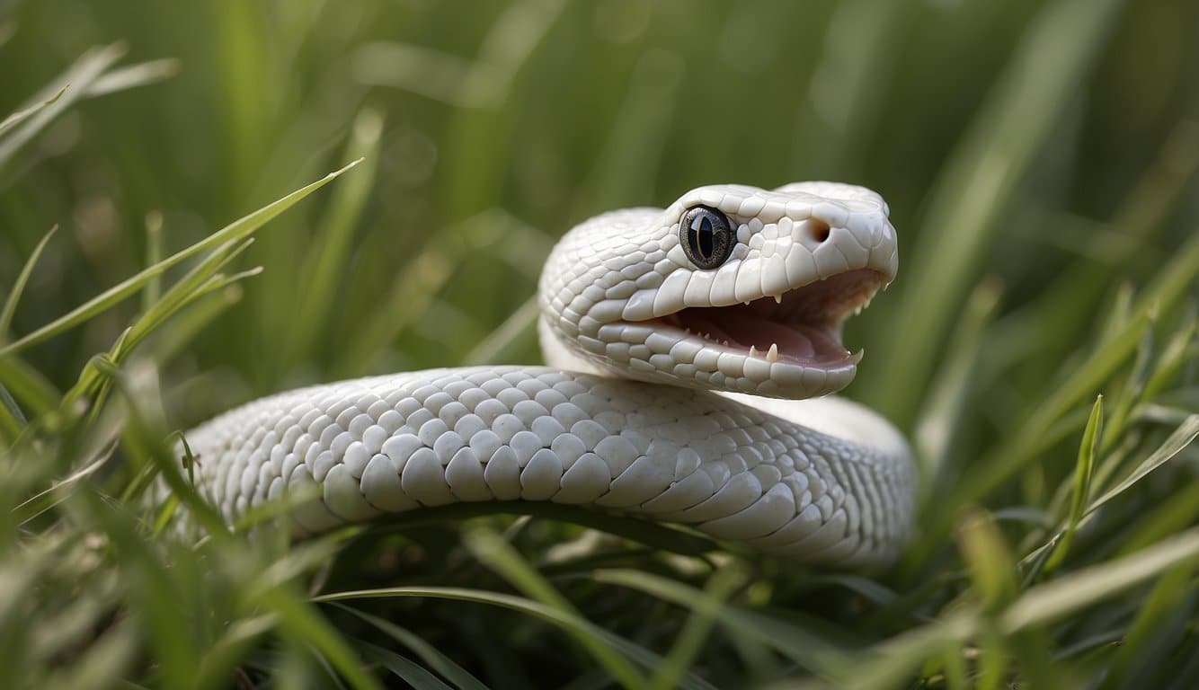 A white snake slithers through tall grass, its tongue flicking out to taste the air. It coils around a small rodent, preparing to strike and feed