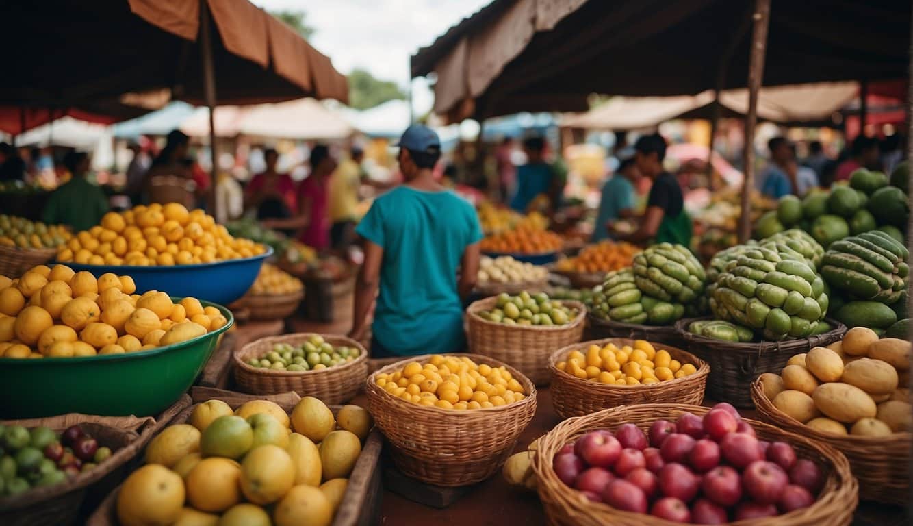 A vibrant market in the cerrado, with colorful crafts and traditional foods, surrounded by the unique flora and fauna of the region